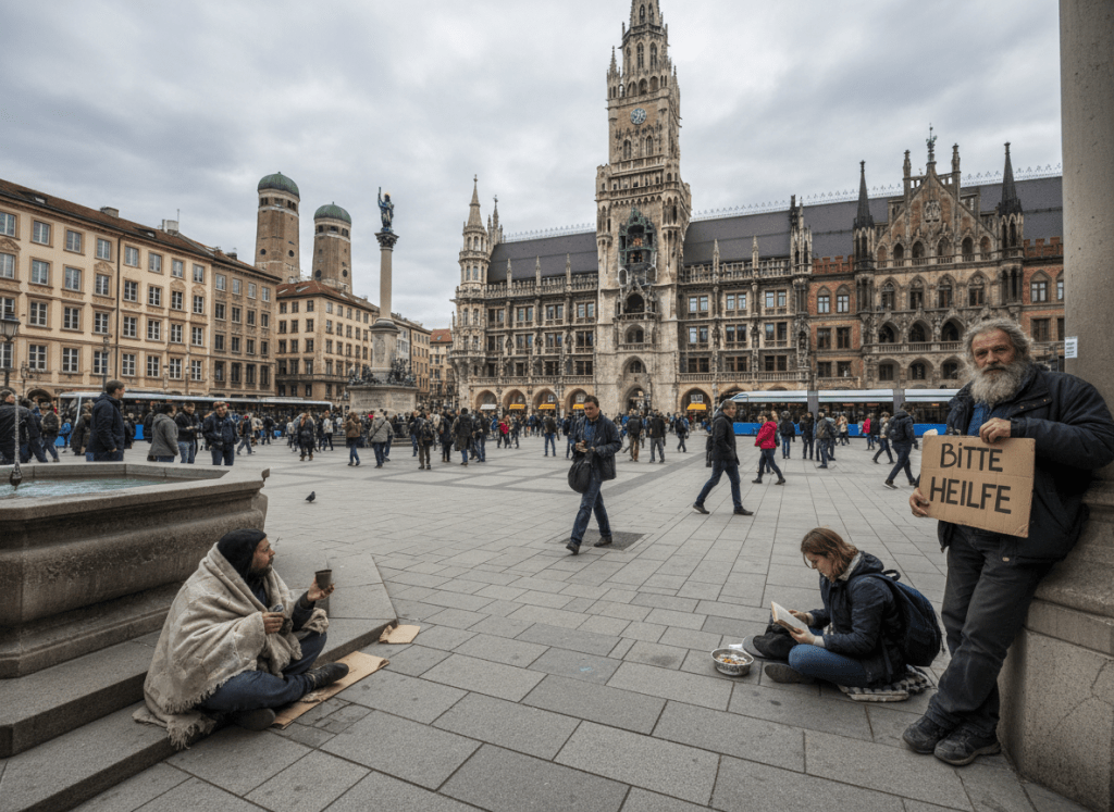 Firefly: Stadtansicht von München Marienplatz mit Bettlern, 2025